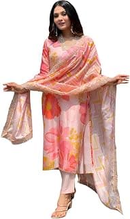 SHIENZY Cotton Blend Embroidered V Neck Kurta Set for Women | Straight Fit Kurta with Pants & Dupatta | Casual Office Wear Ethnic Kurti for Women
