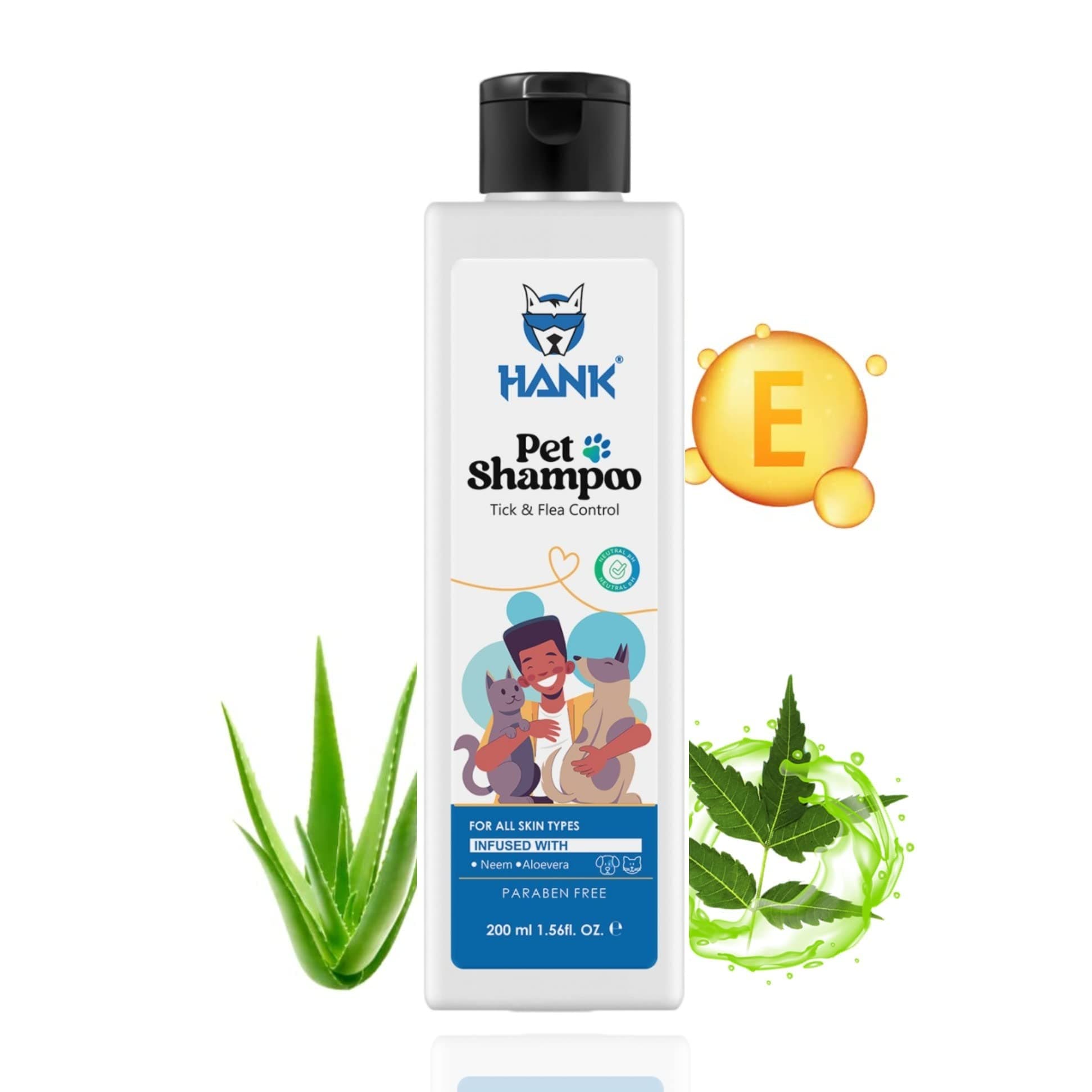 HANK Pets Dog Shampoo with Neem Aloe Vera Vitamin E - Anti Dandruff Tick Flea Control - Itchy Skin Relief - Tick & Flea Control - Deodorizing Pet Grooming Wash - Soft Shiny Coat Care - 200ml