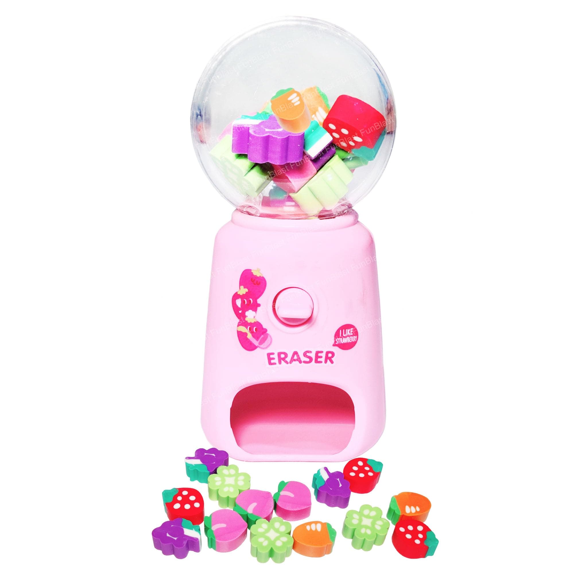 FunBlast Machine Eraser Set – 15 Pcs Fruit Shaped Eraser Dispenser Toy, Mini Kawaii Erasers for Kids, Fancy Erasers for School & Office, Stationery Supplies, Birthday Return Gift for Kids (Pink)