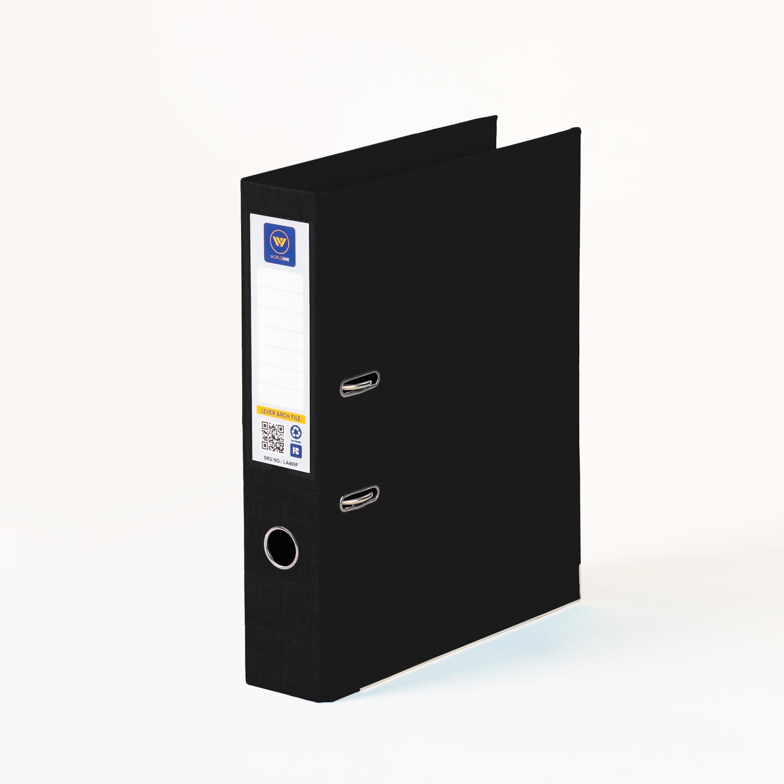 Worldone 2.6mm Thick Lever Arch File | Size FC | PVC Pasted on Hard Board | 110g Heavy Duty Arch Clip | Holds 500 A4/FC Sheets | Wide Spine Label | Pack of 2 | Colour Black