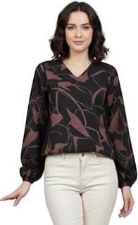 Rangmohini Women Printed V-Neck Poly Crepe Tunic Top, Floral Regular Fit Tunic with Long Sleeves for Casual