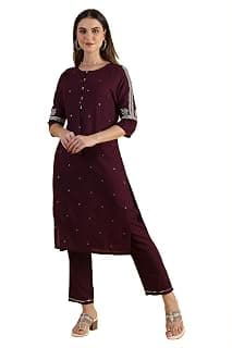 W for Woman Purple Embroidered Straight Kurta in Round Neck