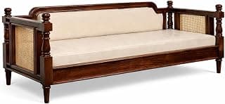 Furniture Solid Wood 3-Seater Sofa with Cane Panels, Cream Upholstery, Colonial Style, Dark Walnut Finish