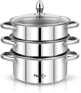 Pigeon Elantra Stainless Steel 3 Tier Steamer Pot Set with Glass Lid | Pasta Steamer Momo/Modak Maker | Vegetable Steamer | Rice Steamer (22cm) | Capsulated Induction Bottom|ISI Certified