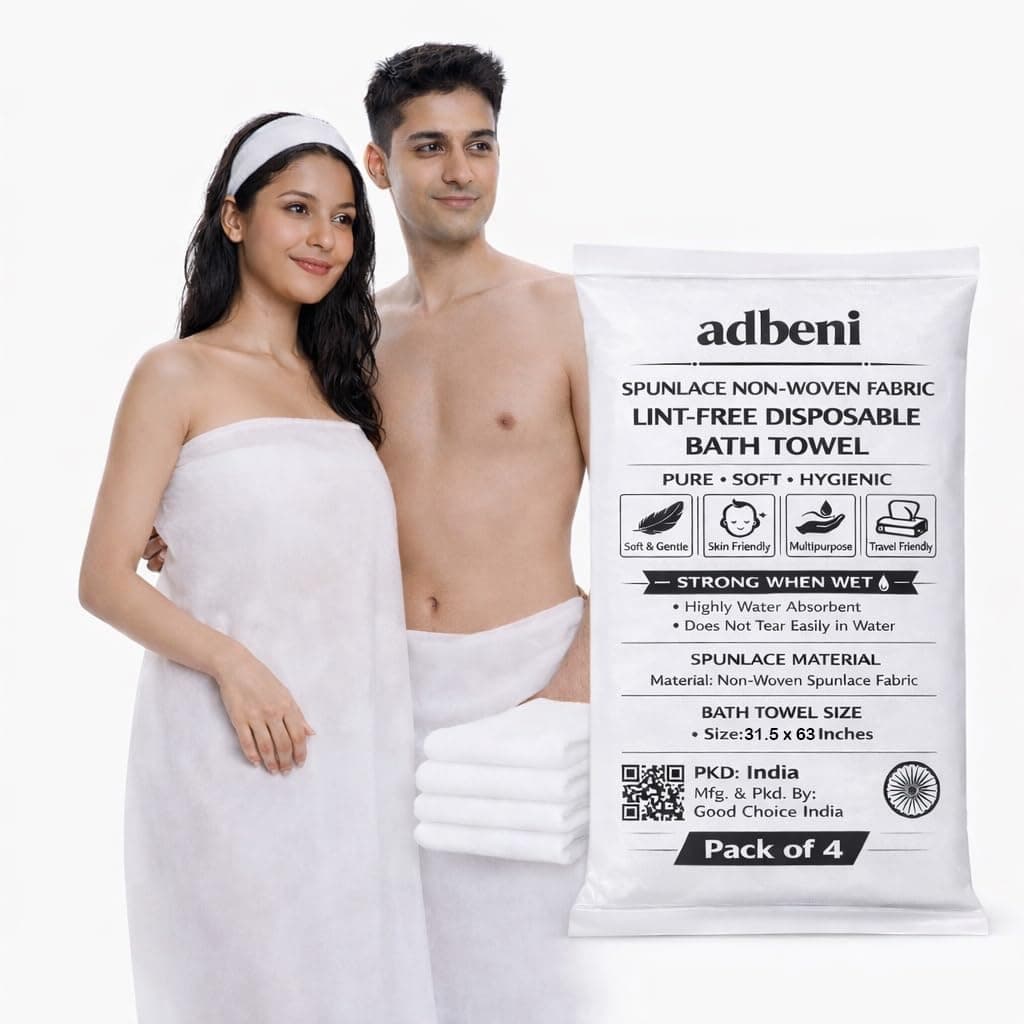 adbeni Premium Disposable Bath Towel | Spunlace Cotton Non-Woven, Lint-Free & Highly Absorbent 80x160 cm | Soft & Skin Friendly | Ideal for Travel, Salon, Spa, Gym & Hotel | Pack of 4