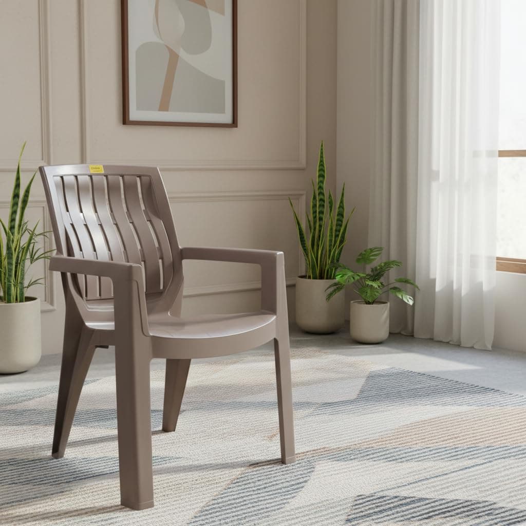 Patiofy Single Plastic Chair for Home & Outdoor Use | Heavy Duty Comfortable Chair with Strong Legs | Stackable, Easy to Clean | Suitable for Living Room, Balcony (Pack of 1-Spino | Choco Cream)
