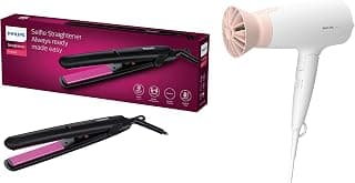 PHILIPS Hair Dryer BHD308/30 1600W Thermoprotect AirFlower, 3 Heat & Speed Settings for quick drying & HP8302 Selfie Straightener (Black)