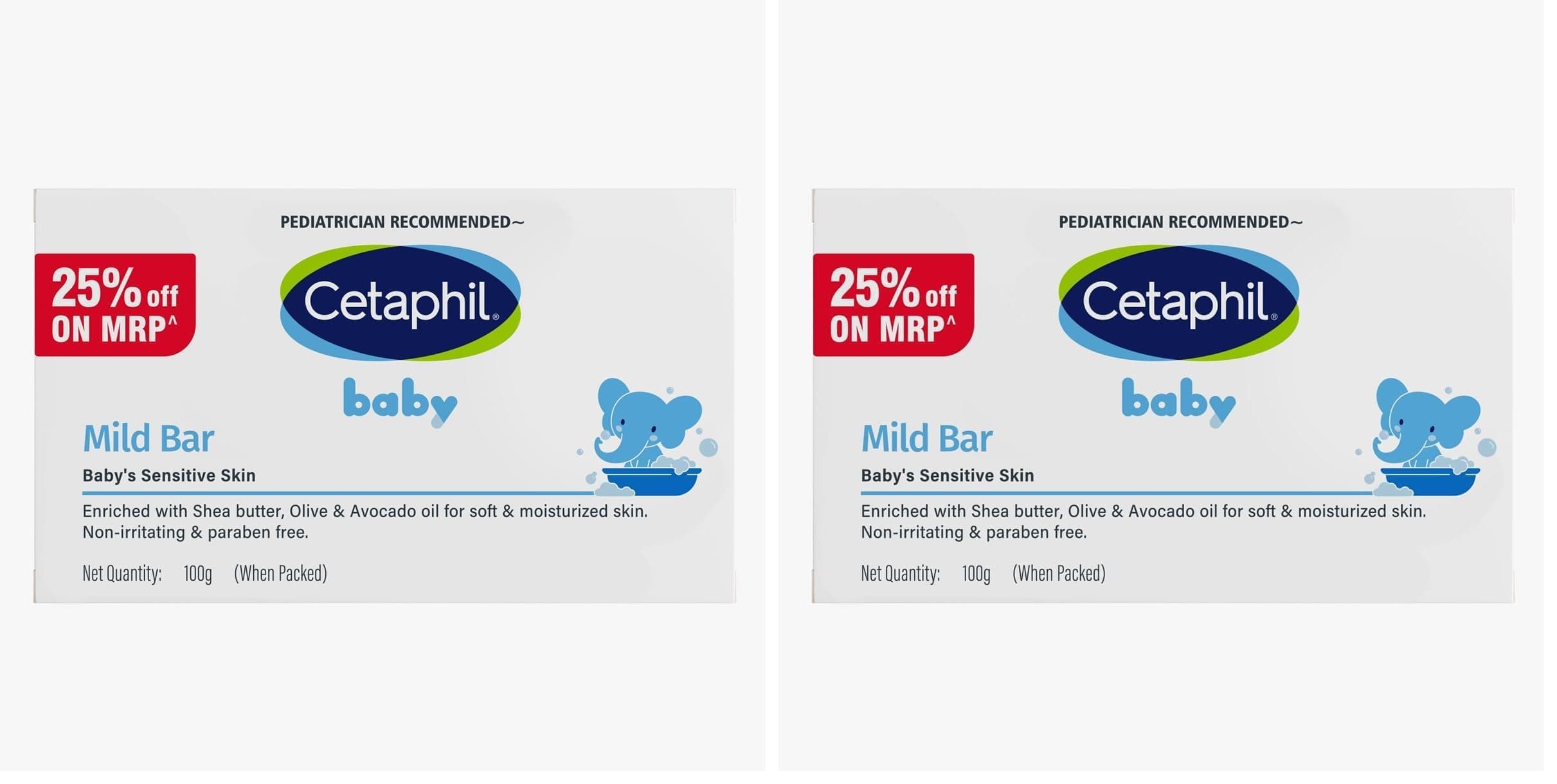 Cetaphil Baby Mild Cleansing Bar for Newborns & Babies 100 gm | With Shea Butter, Avocado Oil & Olive Oil | Gentle, Hypoallergenic, Pediatrician Recommended | Dry & Sensitive Skin (Pack of 2)