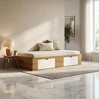 Gusto Multipurpose Diwan Single Bed with Storage Engineered Wood Single Box Bed Lyon Teak White Finish Knock Down