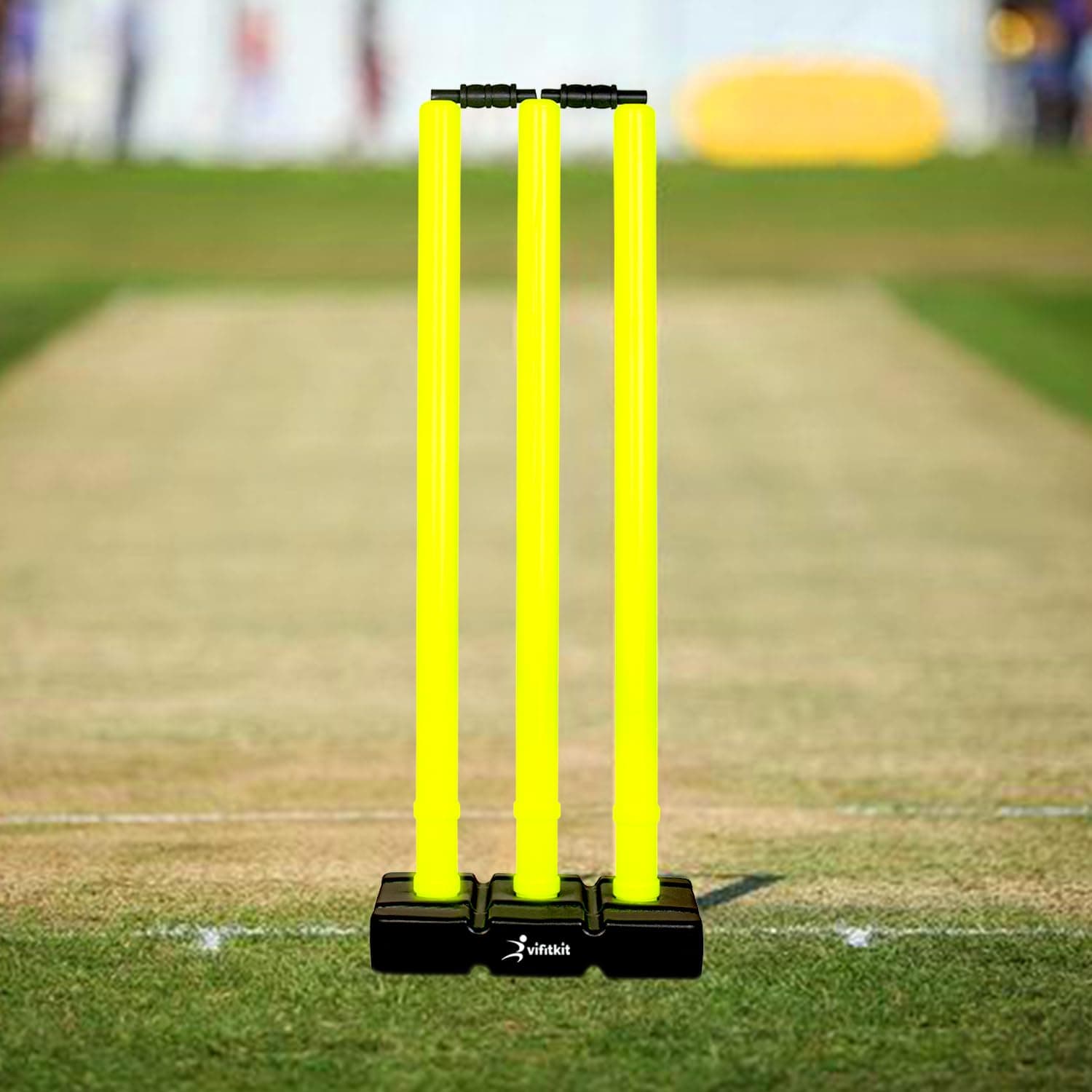 VFK by Xtrim Cricket Stumps with Stand Cricket Kit Plastic Wickets for Cricket Standard Wickets for Cricket Ground, Match, Tournament Stump with Stand & Bails (Black and Flourescent Green)