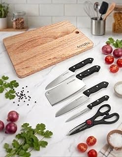 Anmarko Stainless Steel 5-Pcs Knife Set with Wooden Chopping Cutting Board for Vegetable, Fruit, Bread & Meat Durable Safe & Heavy Duty [ 30L x 20W CM ]
