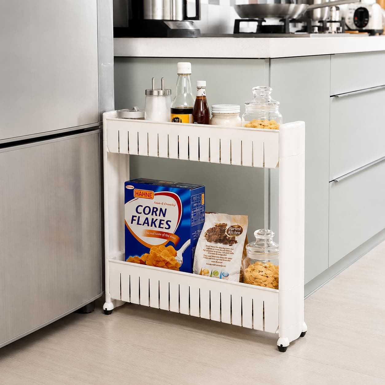 JD FRESH 2-Tier Slim Rolling Storage Organizer Rack/Fridge Side Storage Rack/Plastic Trolley Storage Stand with Wheels/Floor Standing Cabinet for Bathroom and Kitchen Corner Area (White)