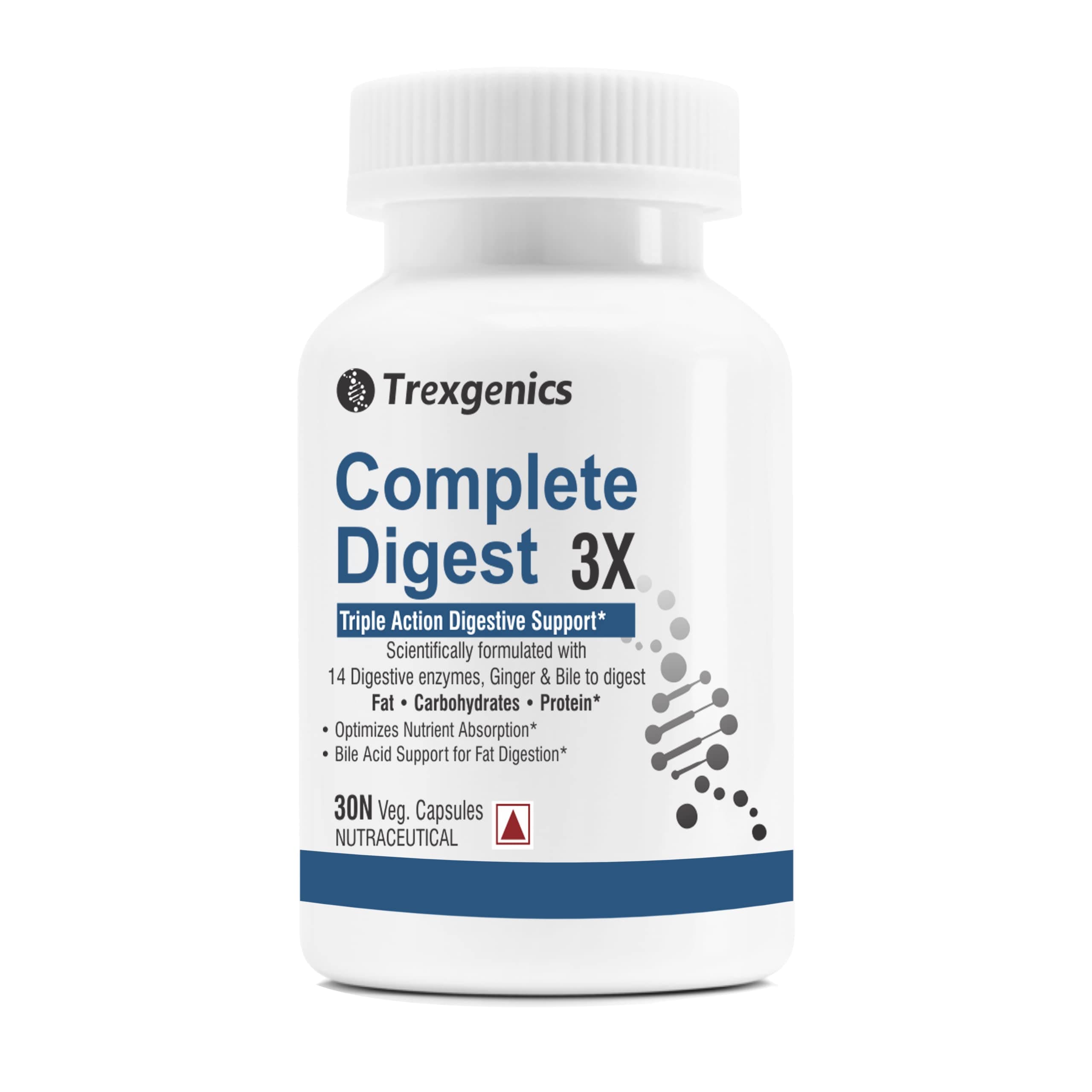 Trexgenics COMPLETE DIGEST 3X, Triple Action Digestive Support for Fat, Carbohydrates & Protein, Lactose and Fibers with 14 Enzymes, Ginger and Bile Cholic acid (30 capsules) (Pack of 1), 60 grams