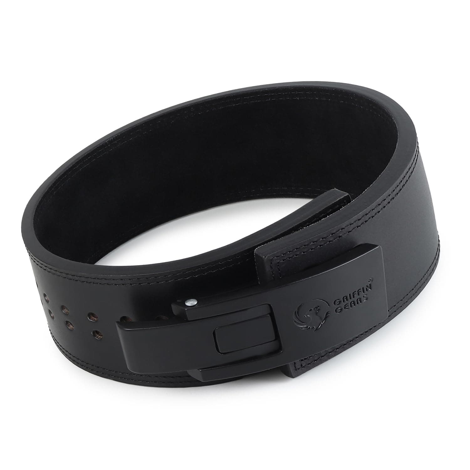 Griffin Gears Lever Belt | 10MM Full Grain Genuine Leather | Black, Black Buckle | Flip Lever Closure | Powerlifting Squats & Deadlifts | Medium (32–41 in)