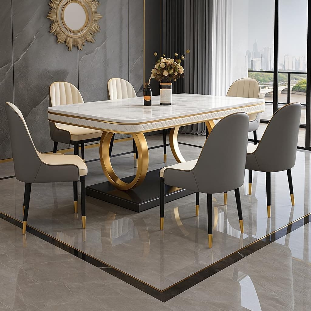 PAAM WOOD 6-Seater Dining Table with Nano Composite Marble Top and PVC Golden Wooden Base |2yr Warranty - Includes 6 Fabric Upholstered Chairs (Grey&Cream, White Nano Composite Marble Top)