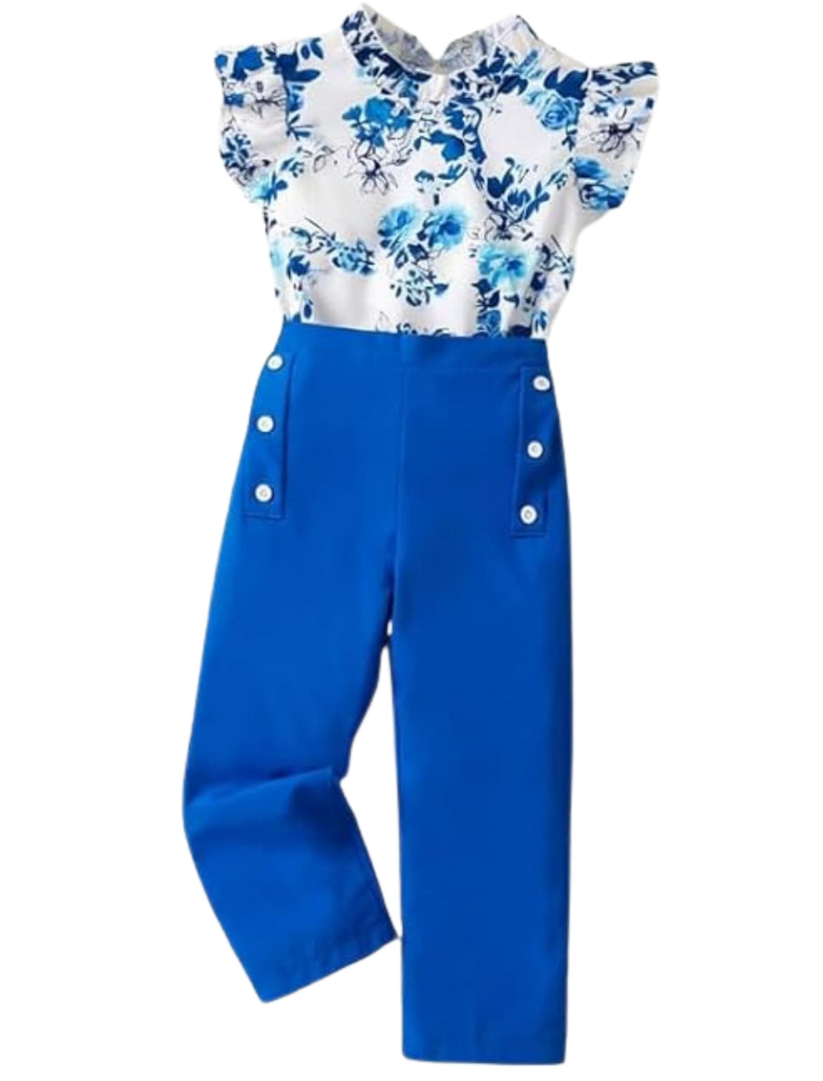 Niren Enterprise Girls Blue Floral Ruffle Sleeve Ethnic Co-ord Outfit Top & Pant Set