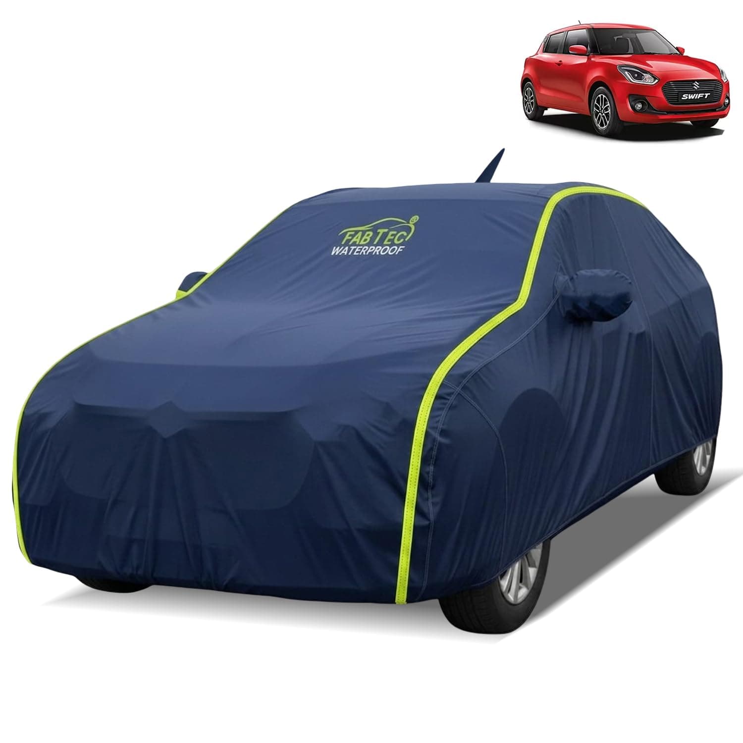 FABTEC Waterproof Car Body Cover for Maruti Swift (2018-2024) Outdoor/Indoor All Weather Protection with Mirror & Antenna Pocket Triple Stitched (Premium Navy Blue with Neon Piping)