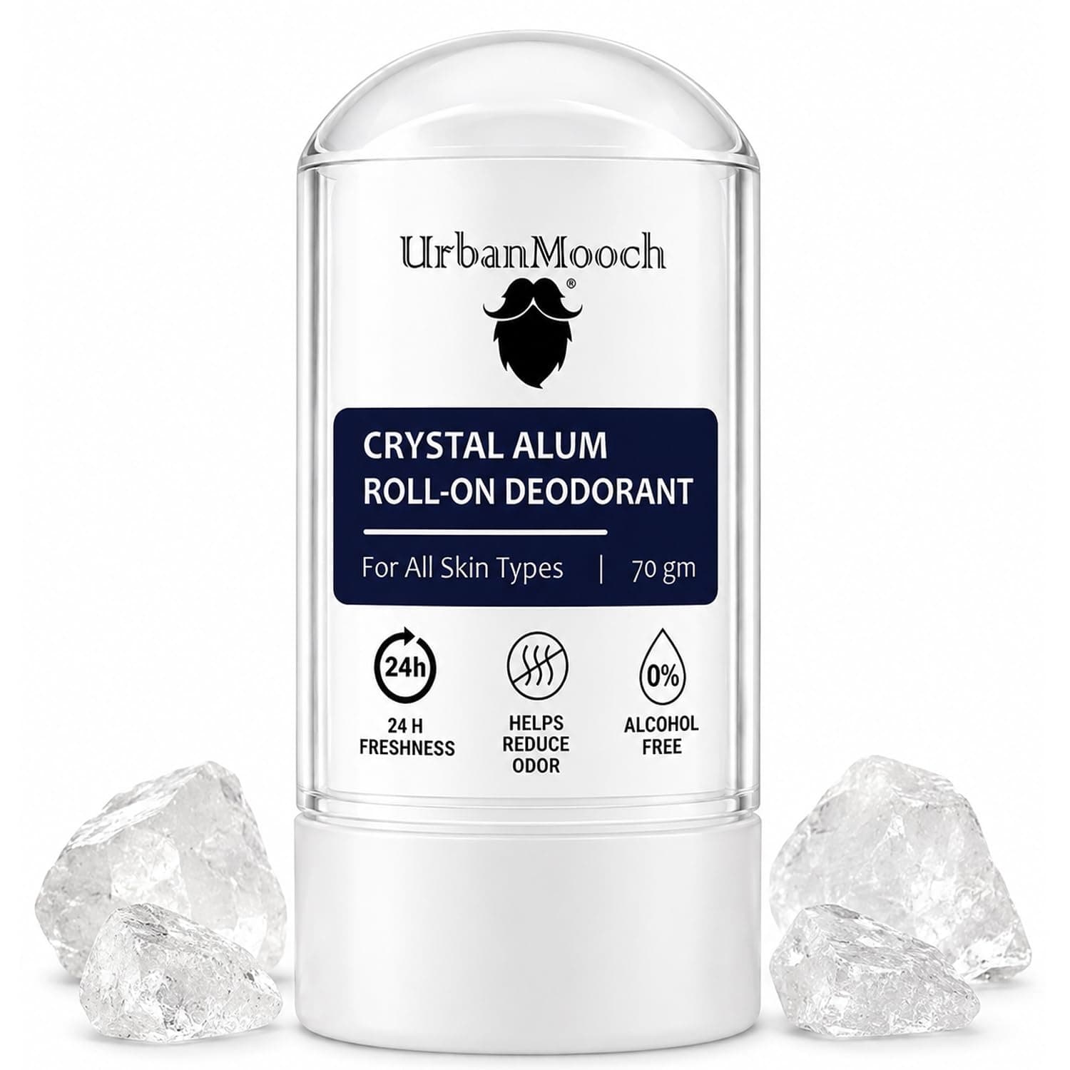 UrbanMooch Crystal Alum Roll On Deodorant for Men | 100% Potassium Alum Stick for Underarm Odour Control | Alcohol Free, Fragrance Free, Non-Sticky Fitkari Stone | 75g