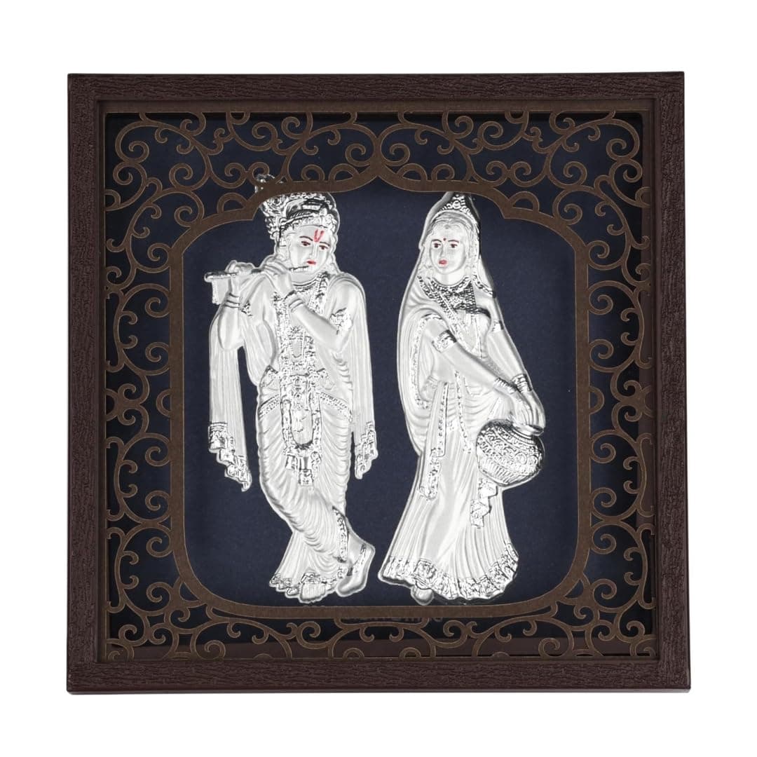 BHAGWATIJEWELS Silver Plating Radhakrishna Frame | Divine Home Decor | Wall Mount Square Photo Frame for Gift, Wooden PhotoFrame for Temple | hangingframe (6.50" x 6.50" Inch)