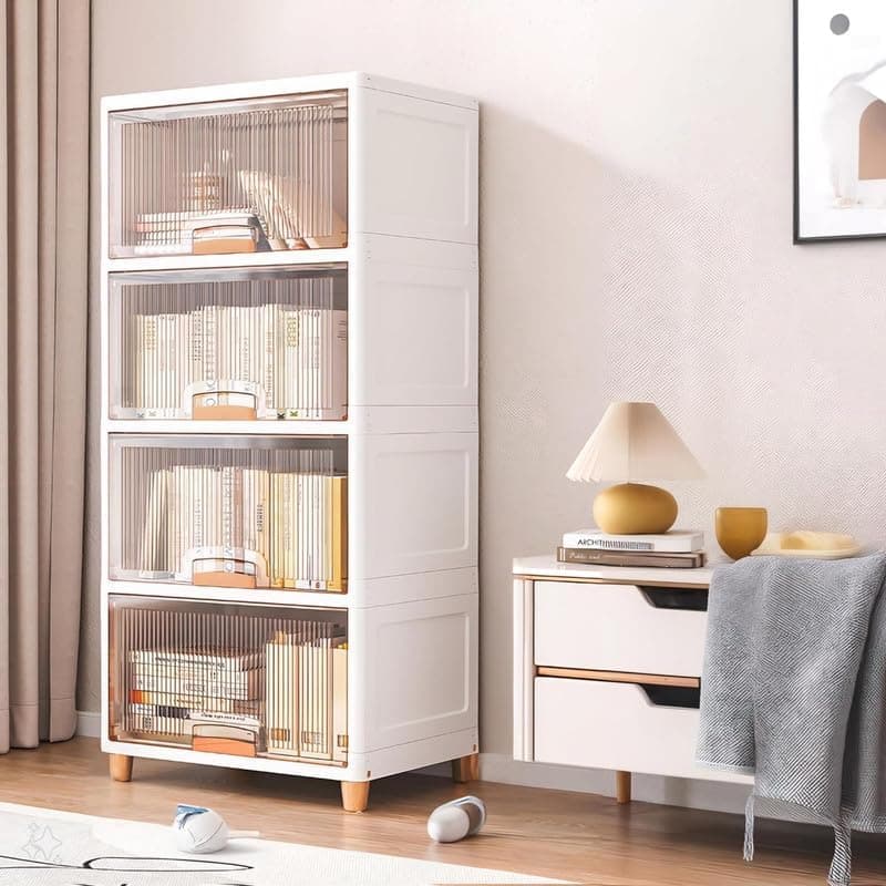 EXVITO Plastic Cupboard for Storage - Collapsible Wardrobes for Clothes | Almirah for Clothes | Folding Storage Box | Stackable Storage Bins with Door Space Saving Closet (ICE White, 4 Tier)