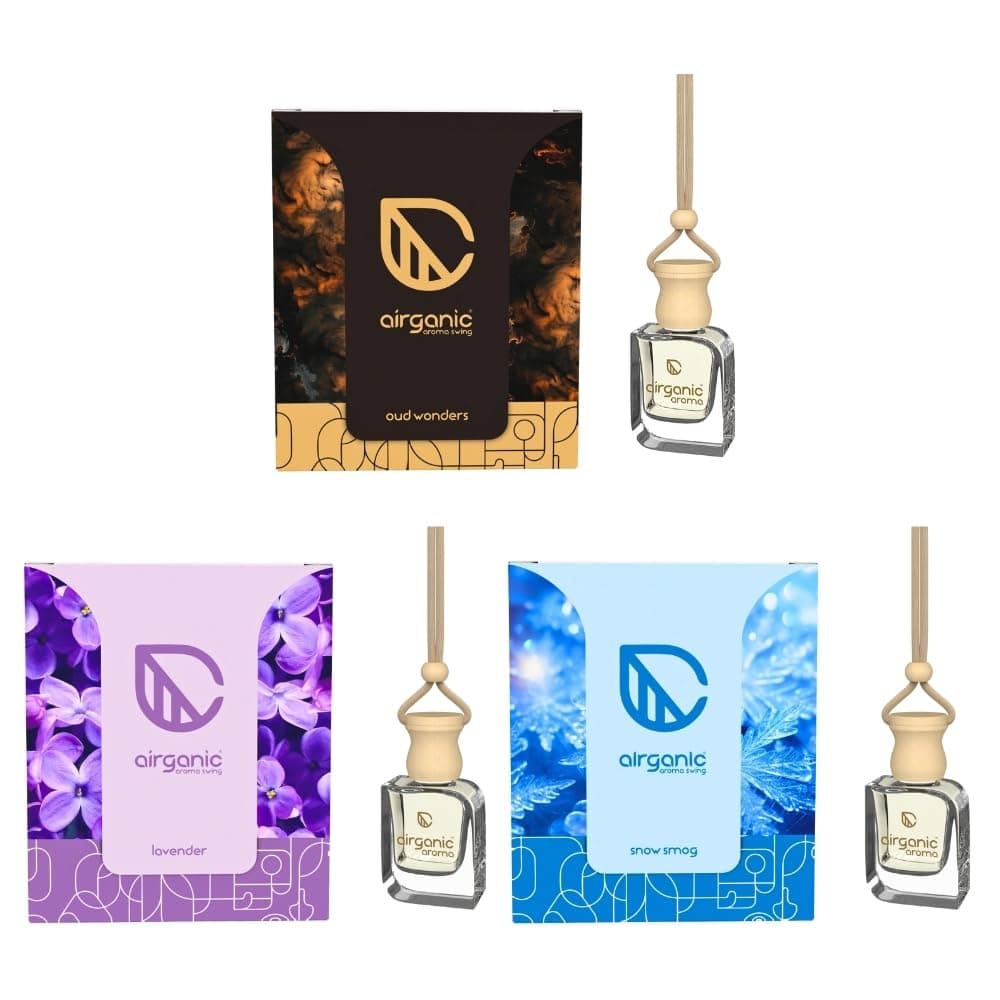 AIRGANIC Aroma Swing - Pack of 3 (30 ml) : Oud Wonders, Lavender & Snow Smog | Aroma with Essential Oils in Glass Bottle with Wooden Diffuser Lid| Car Hanging Accessories |Car Accessories Interior