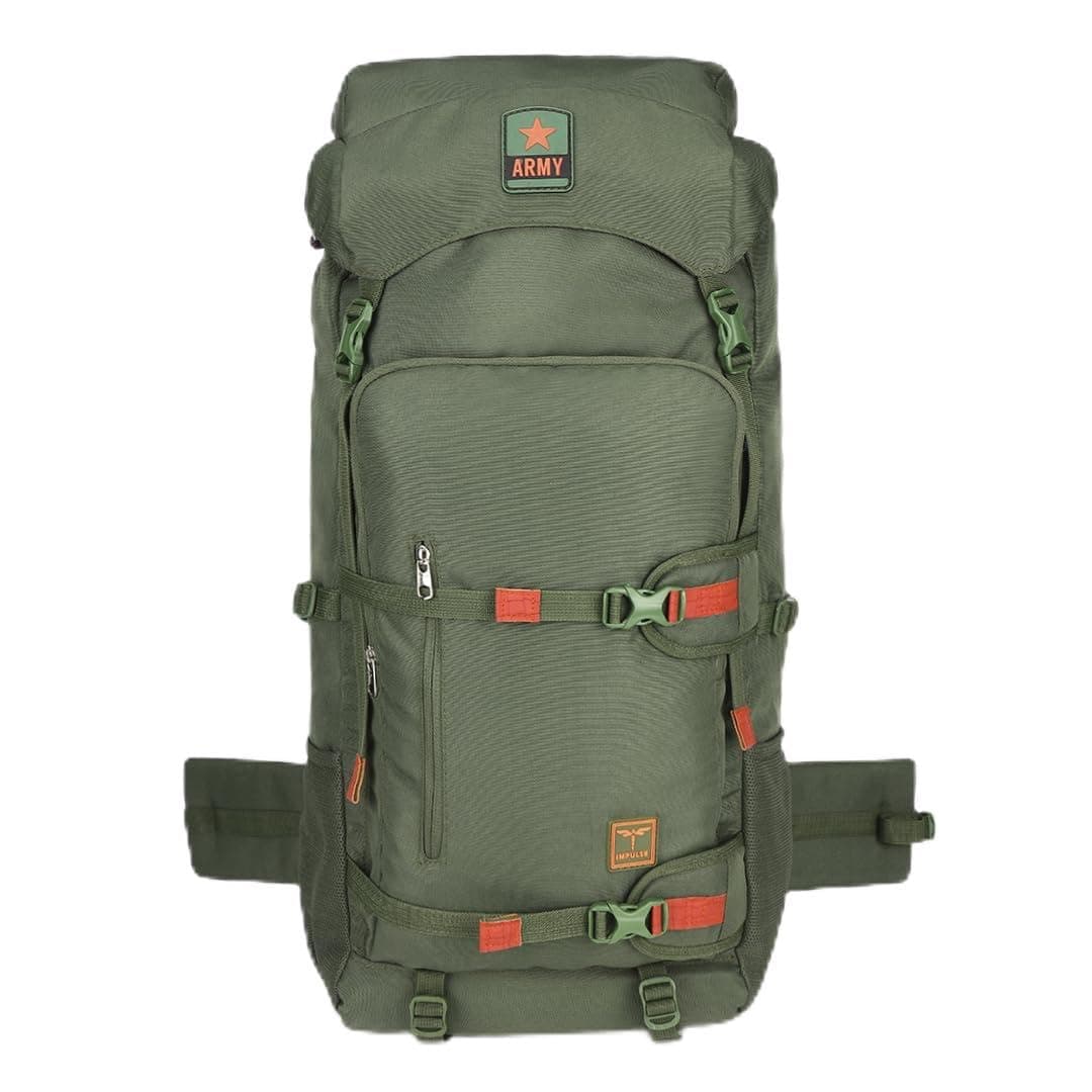Impulse 75L Army Green Rucksack Backpack with Detachable Secure Utility Pouch, Rain Cover, Multiple Compartments, Hip Strap & Bottle Holders – Ideal for Travel, Trekking & Hiking