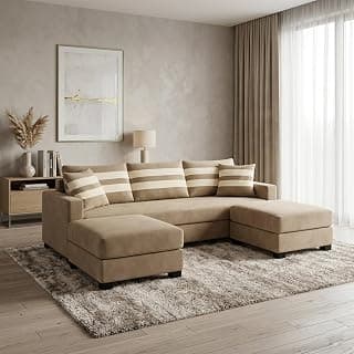 Kassian Rich Velvet Suede 3 Seater Sofa Set with 2 Ottomans | Spacious Soft Touch Comfort Seating | Modern Sofa for Living Room (Beige)