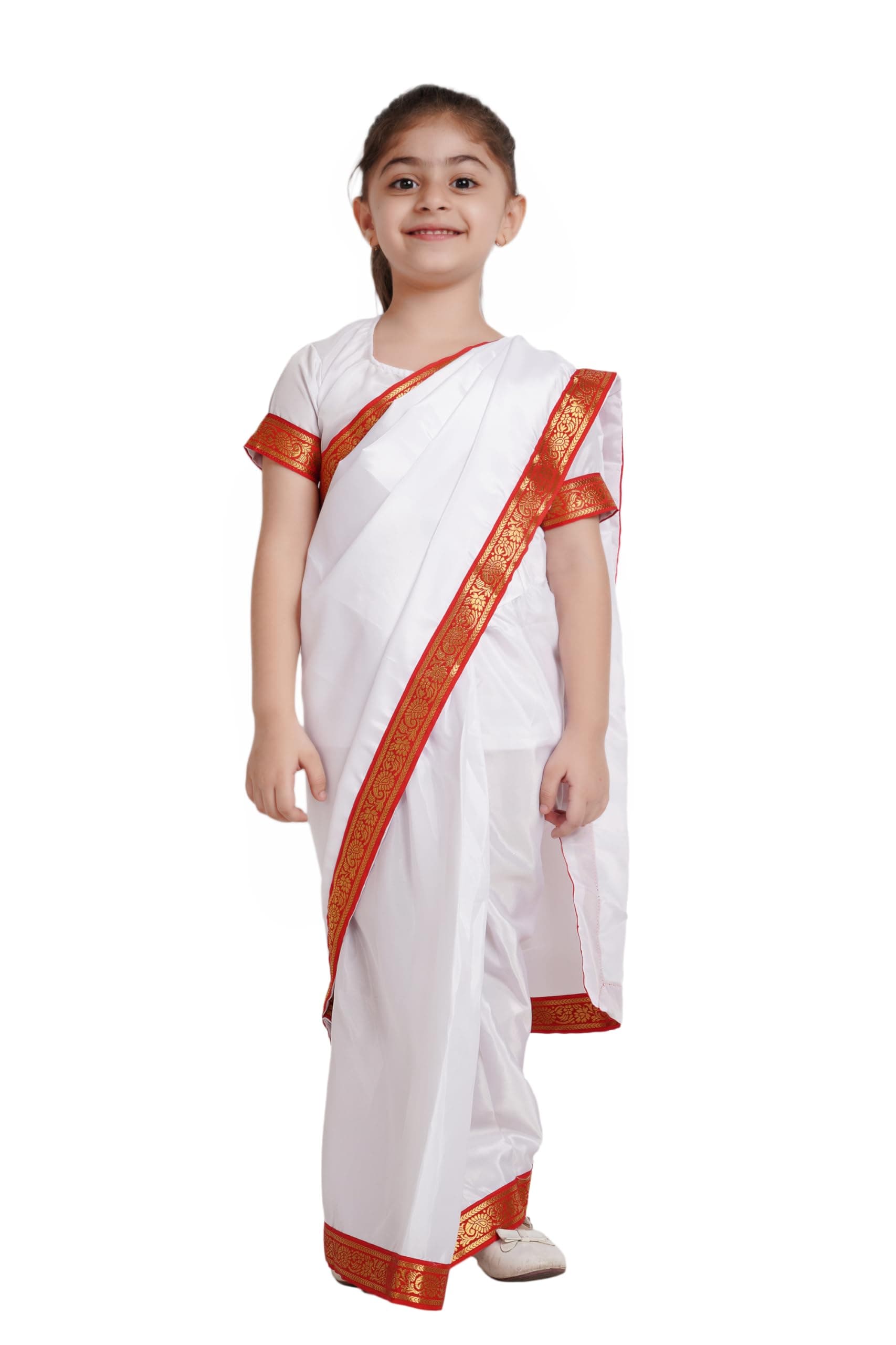 Kaku Fancy Dresses Polyester Indian State Bengali Dance White Saree Costume For Kids -White & Red, 3-4 Years, For Girls