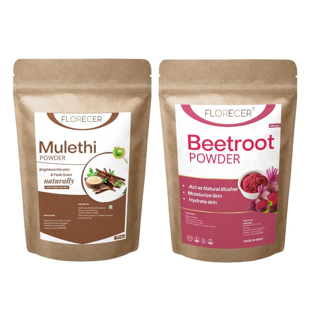 Florecer Mulethi Powder For Face And Organic Beetroot Powder For Face Pack, Lips and Hair- Each 100 Gram