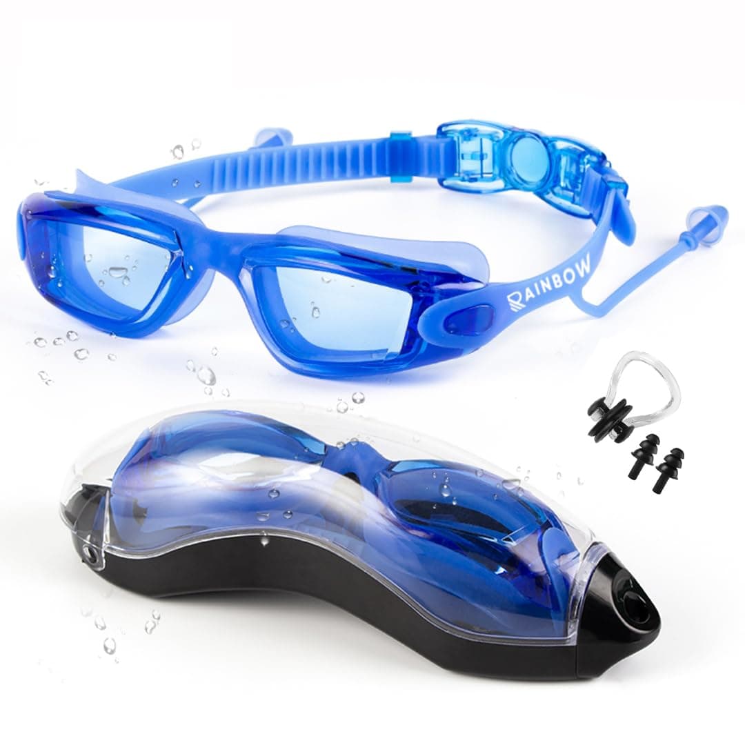 Rainbow Professional Swimming Goggles for Men & Women | Anti-Fog & UV Protected Swimming Glasses for Men & Women | Leak-Proof Goggle with Adjustable Straps & Nose Clip Blue – Pack of 1