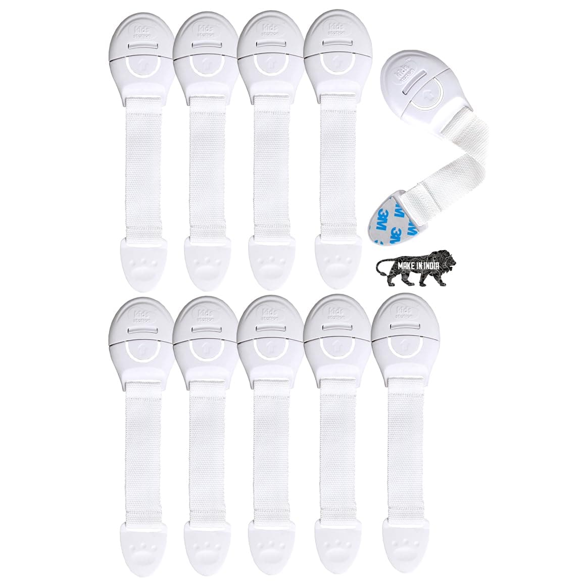 Kids Station Furniture Safety Locks for Baby Safety - Strong and Adhesive Safety Locks for Drawers, Cabinets, Fridge and Cupboard Baby Proofing Product Pack of 10 (White)