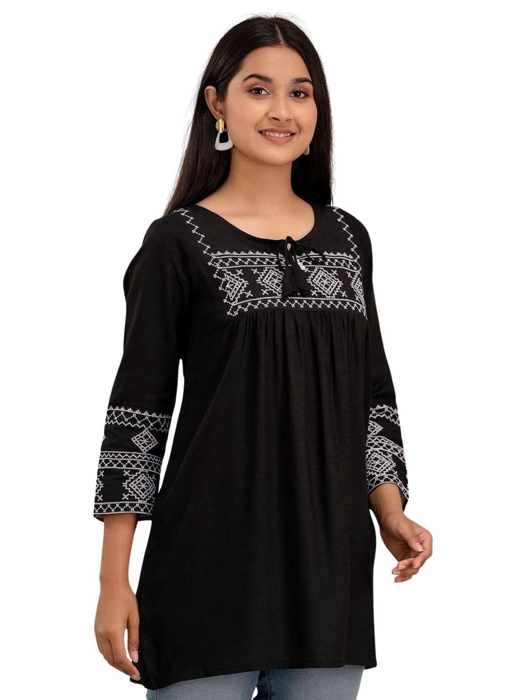 feranoid Solid Hip Length Embrioded 3/4 Sleeves Kurti