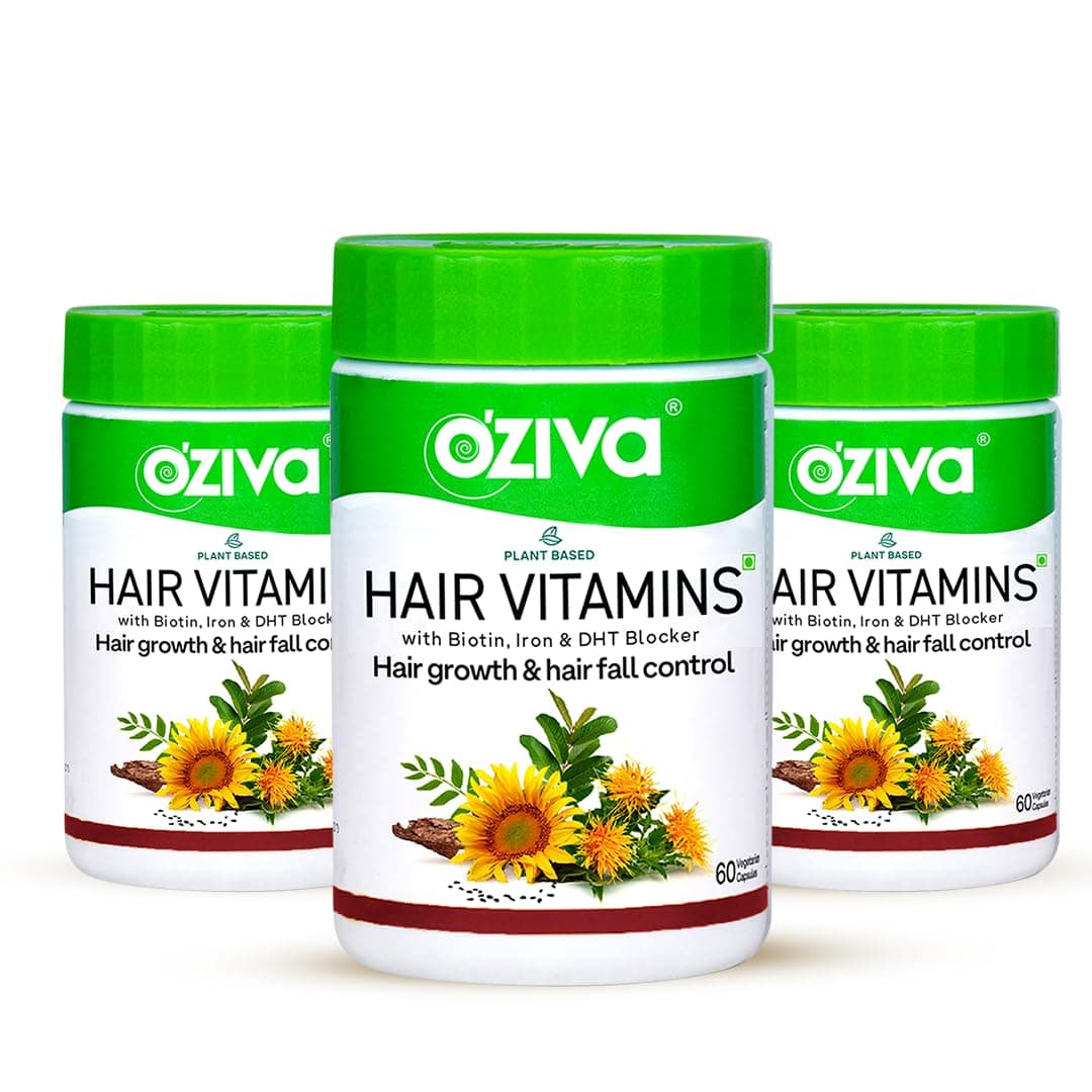 OZiva Hair Vitamins Capsules for Hair Growth |100% Natural with Biotin, Iron, DHT Blocker & Vitamin E I Clinically Proven Hair Growth Supplements for Women & Men (3 Months, Results Pack), 250 grams