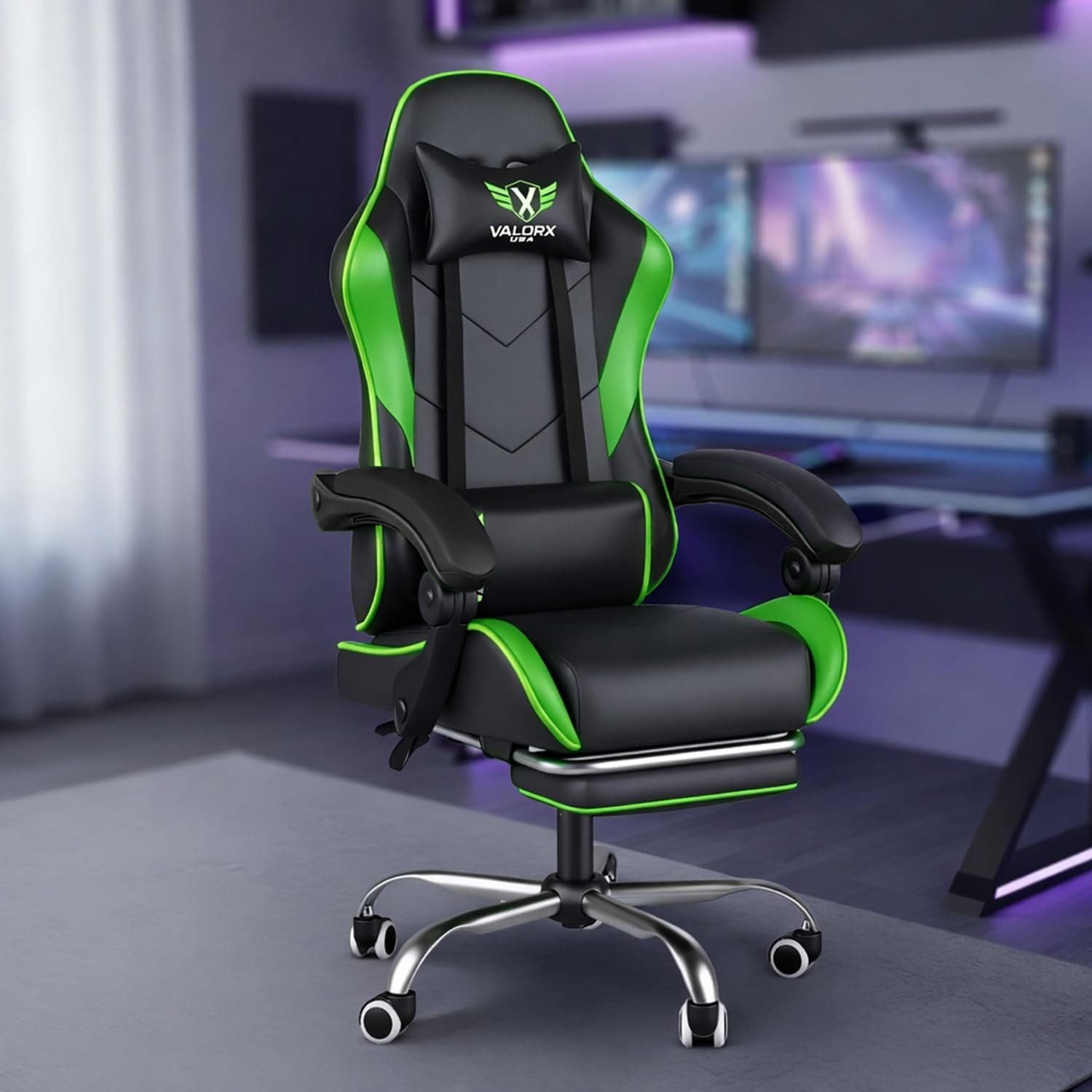 VALORXUSA Vector 2026 Edition I Ergonomic Gaming & Computer Chair in PU Leather | Dual Massager Back Cushion | Adjustable Neck & Lumbar Support | Ergo-Sync Armrests |Retractable Footrest (Neon Green)
