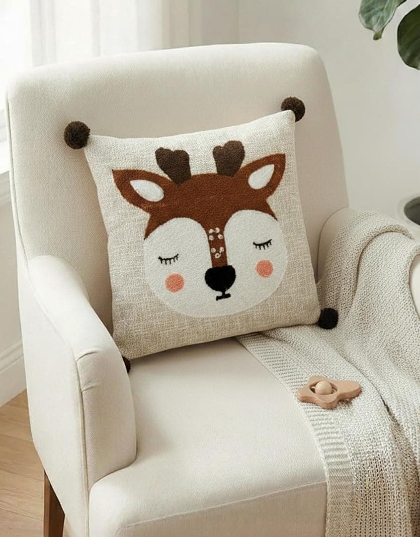 Furnistitchs Cute Deer Face Hand Embroidered Kids Cushion Cover (16x16 Inches / 40x40 cms) - Premium Slub Fabric Throw Pillow with Corner Pom Poms for Girls, Boys & Nursery (1, Brown Deer)