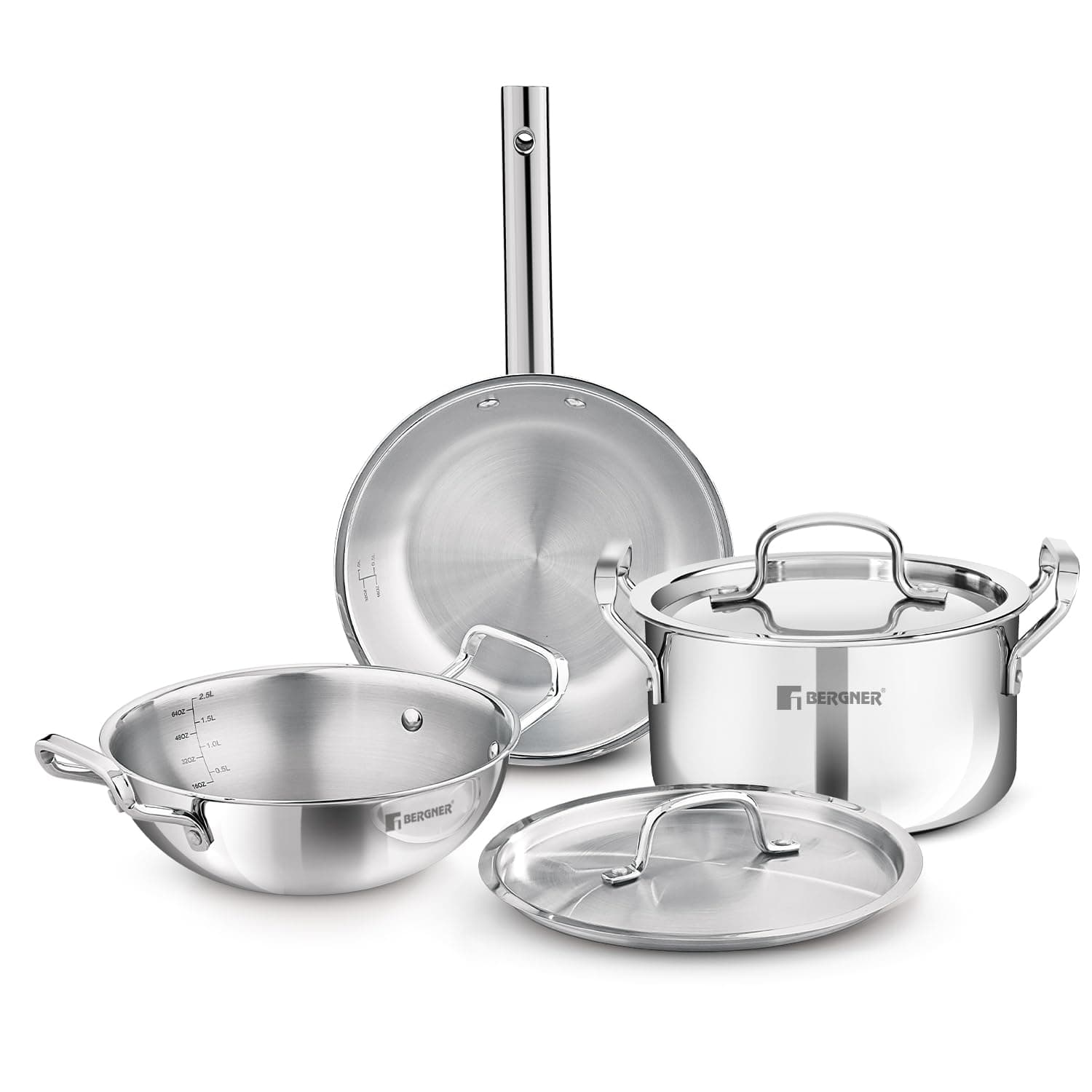 Bergner Tripro 5 Pcs Triply Stainless Steel Cookware Set - 24cm (3L) Kadai with Lid, 24cm (5.5L) Casserole/Biryani Pot with Lid, 22cm (1.5L) Frypan, Less Oil Use, Healthy Cooking - Induction Bottom