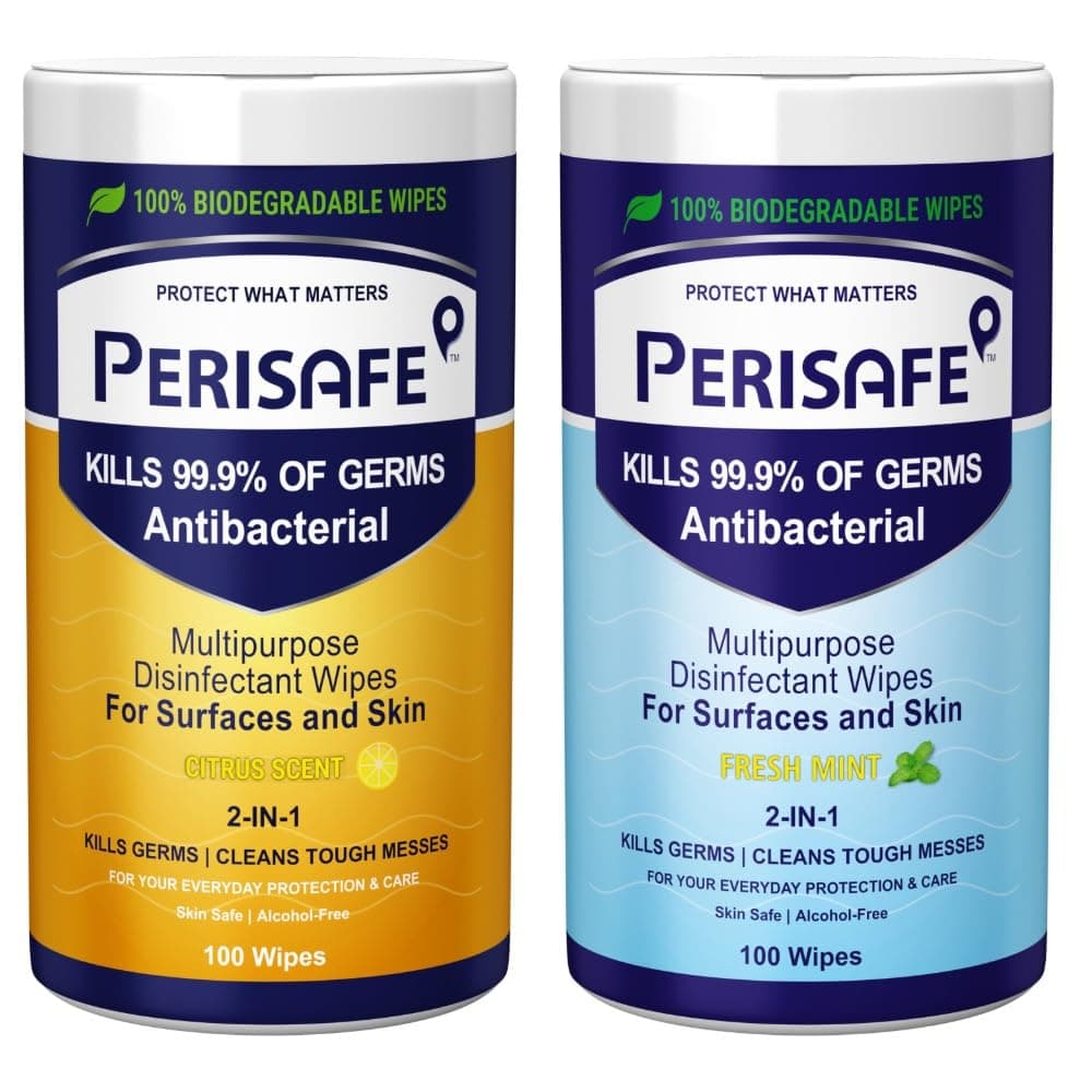 PERISAFE Multipurpose Disinfectant Wipes For Surfaces & Skin-Combo Pack 100 Wipes Each | 100% Biodegradable | Antibacterial | 2-IN-1- Kills Germs & Cleans Tough Messes | Citrus-Fresh Mint