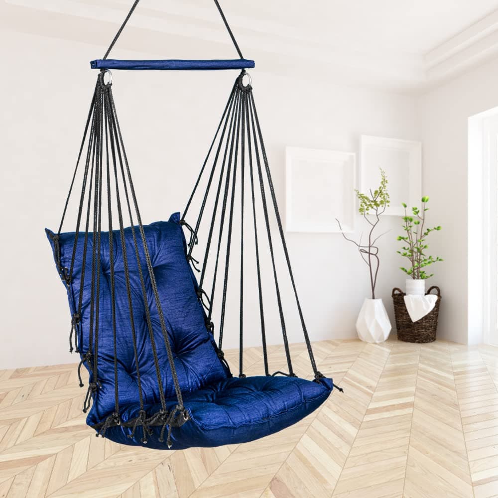 Patiofy Large Soft Cotton Hammock Hanging Swing for Adults & Kids/Jhula for Adults/Swing for Indoor/Swing for Home Balcony/Sturdy Wooden Frame/Weight-Bearing Capacity 100kgs(Dark Blue)