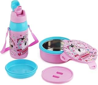 CELLO Kidzbee Star Gift Set Combo for School Kids, Light Pink | 3D Touch & Feel Minnie Design Airtight Clip Lock Insulated Lunch Box 390ml with Leak Proof Flip Top Sipper Water Bottle for Kids Boys