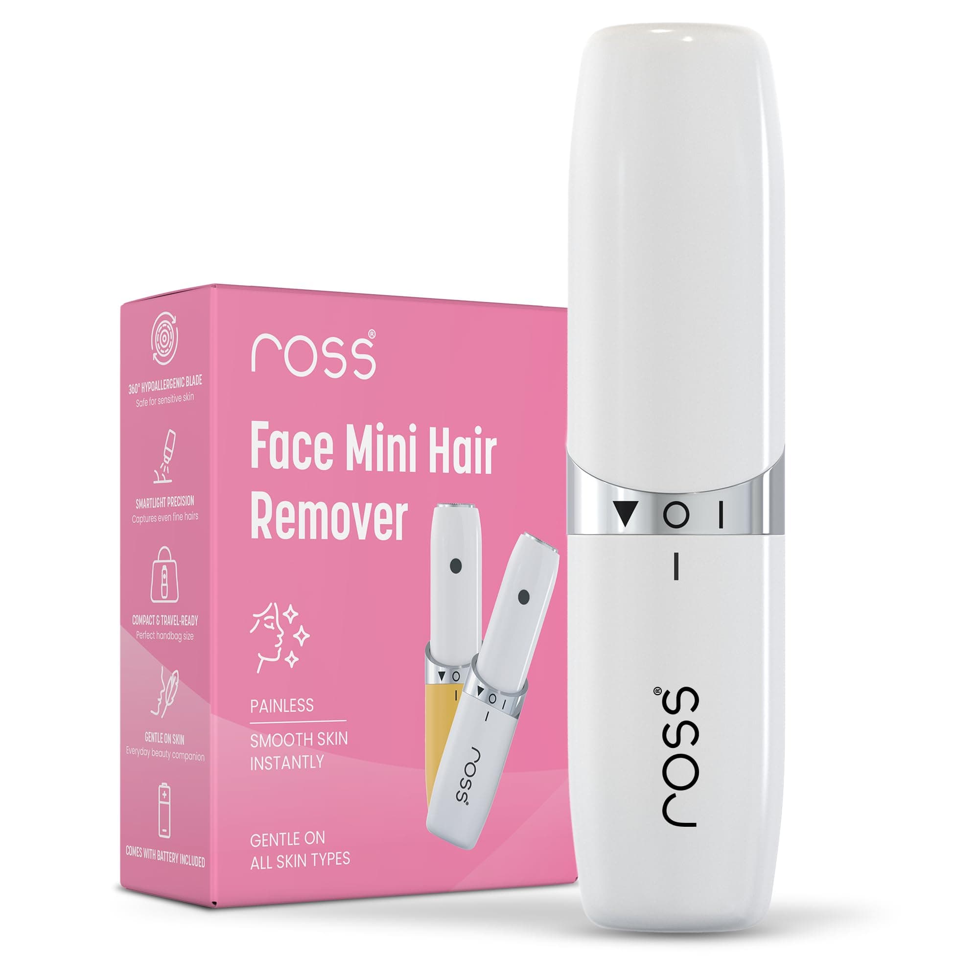 Ross Facial Hair Remover for Women | Painless Electric Face Hair Trimmer with Hypoallergenic Blades | Gentle Hair Removal for Upper Lip, Chin, Cheeks, Eyebrows & Peach Fuzz | Compact, Cordless & Travel Friendly, White