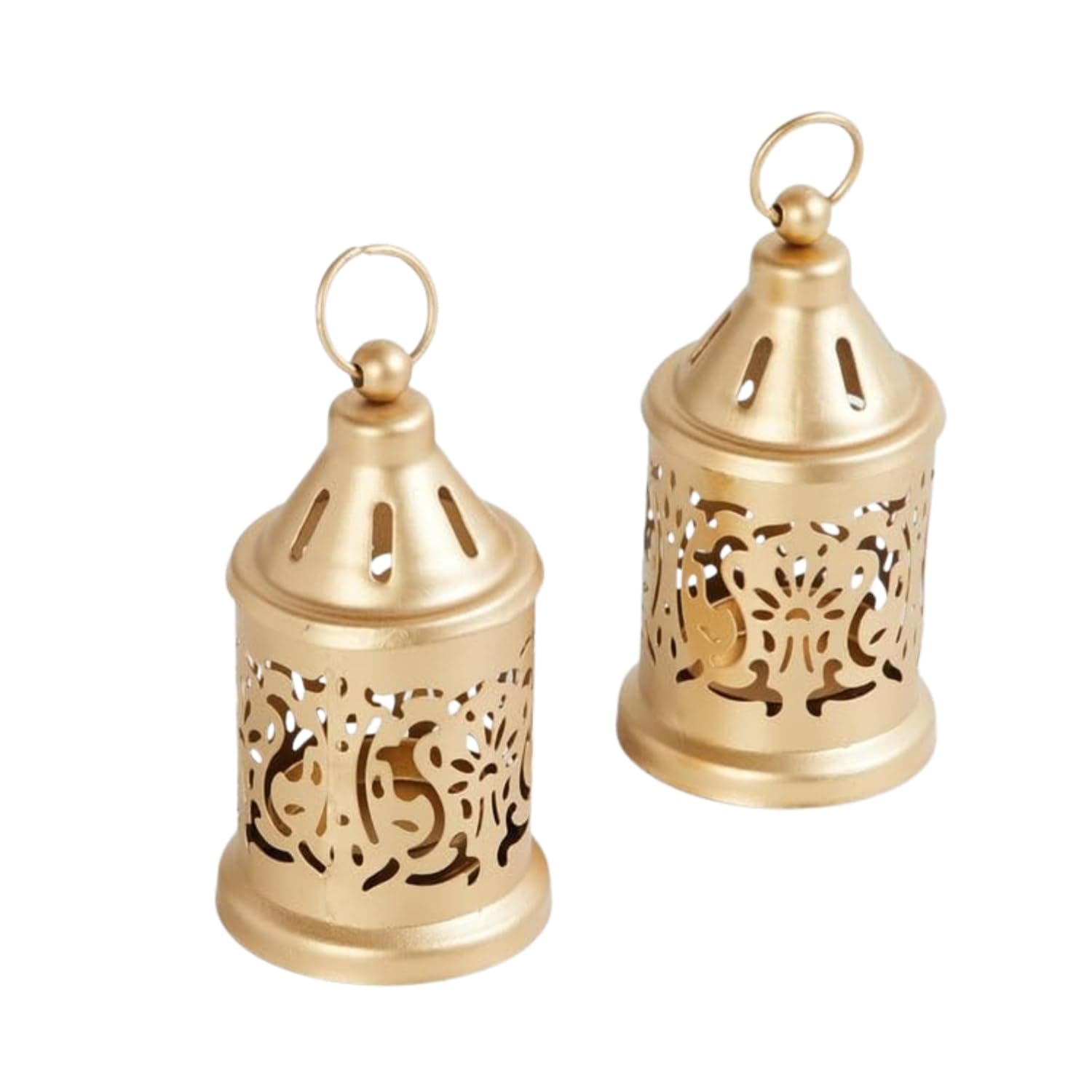 Craft Capital Hanging Metal Candle Tealight Holder Lantern Set with LED Candle Decorative Gold Lanterns for Dining Table, Home Decor, Living Room Gifting – Vintage Hanging Candle Holder (Set of 2)