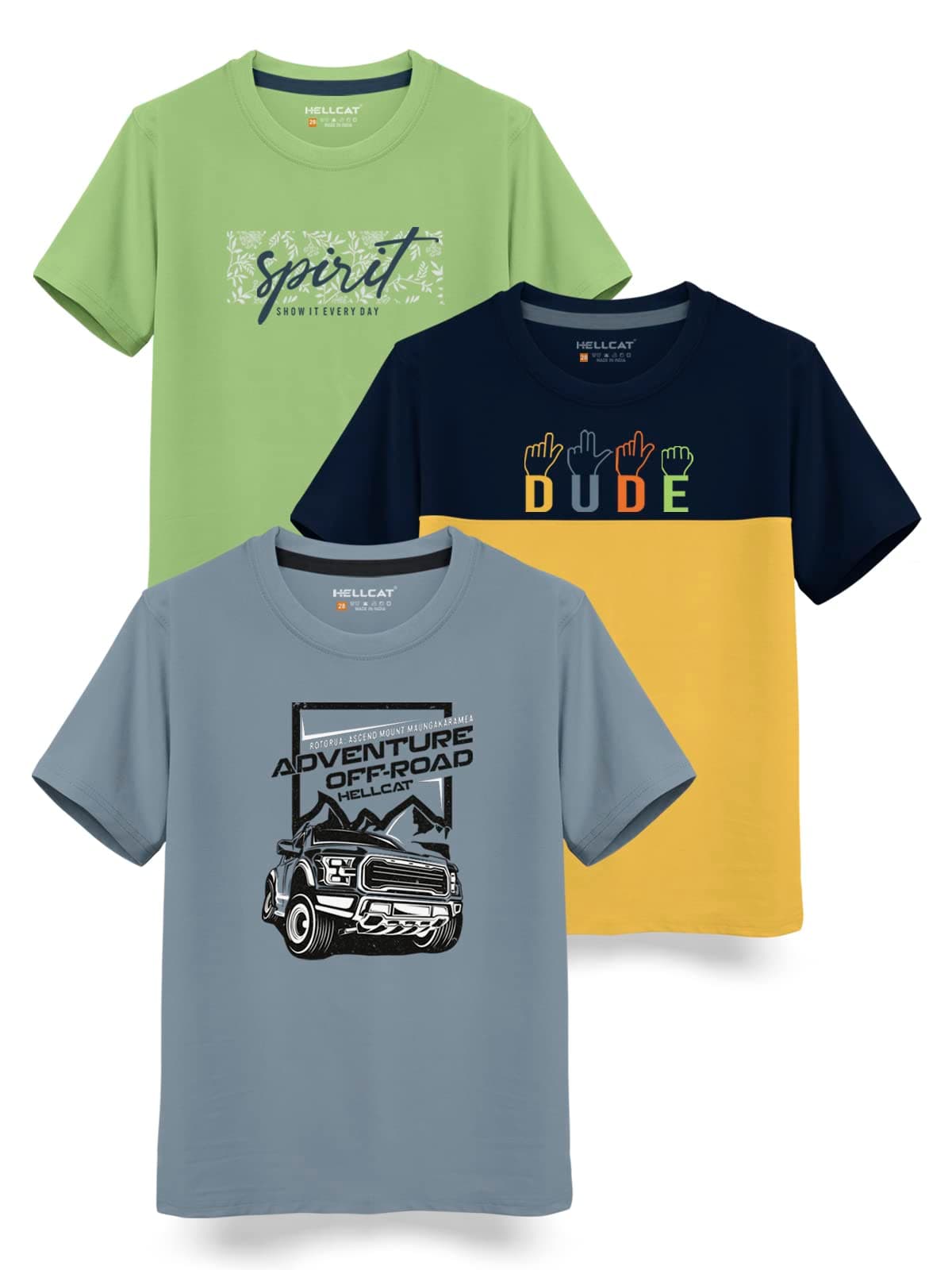 HELLCAT Boys Round Neck Printed Blended Cotton Tshirt -Combo Pack of 2 - Orange/Blue