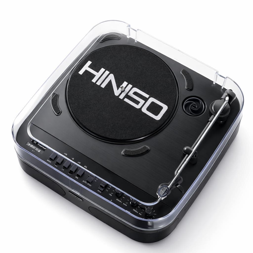 HINISO T501 Bluetooth Vinyl Record Player with Moving Magnet Cartridge & Diamond Stylus, Dual Bluetooth (in & Out), 3-Speed Turntable (33/45/78 RPM), Vinyl to MP3 Recorder, USB/SD, FM, RCA & AUX
