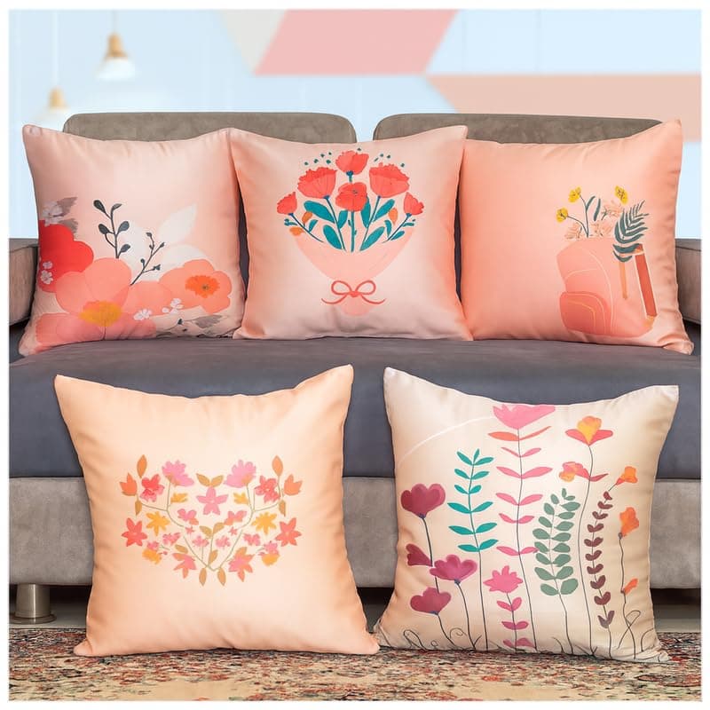 Vendola Decorative Satin Sofa Cushion Covers Set of 5, 24 Inch x 24 Inch 5 Piece, Sofa Big Cushion Pillow Cover, Pink, Beige and Red, Floral Design, Zipper Closure (Flos, 24X24 Inches)