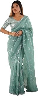 flysta Fashion Womens Saree Pure Gold Crush Silk Saree With Beautiful Sequnce work Saree KD