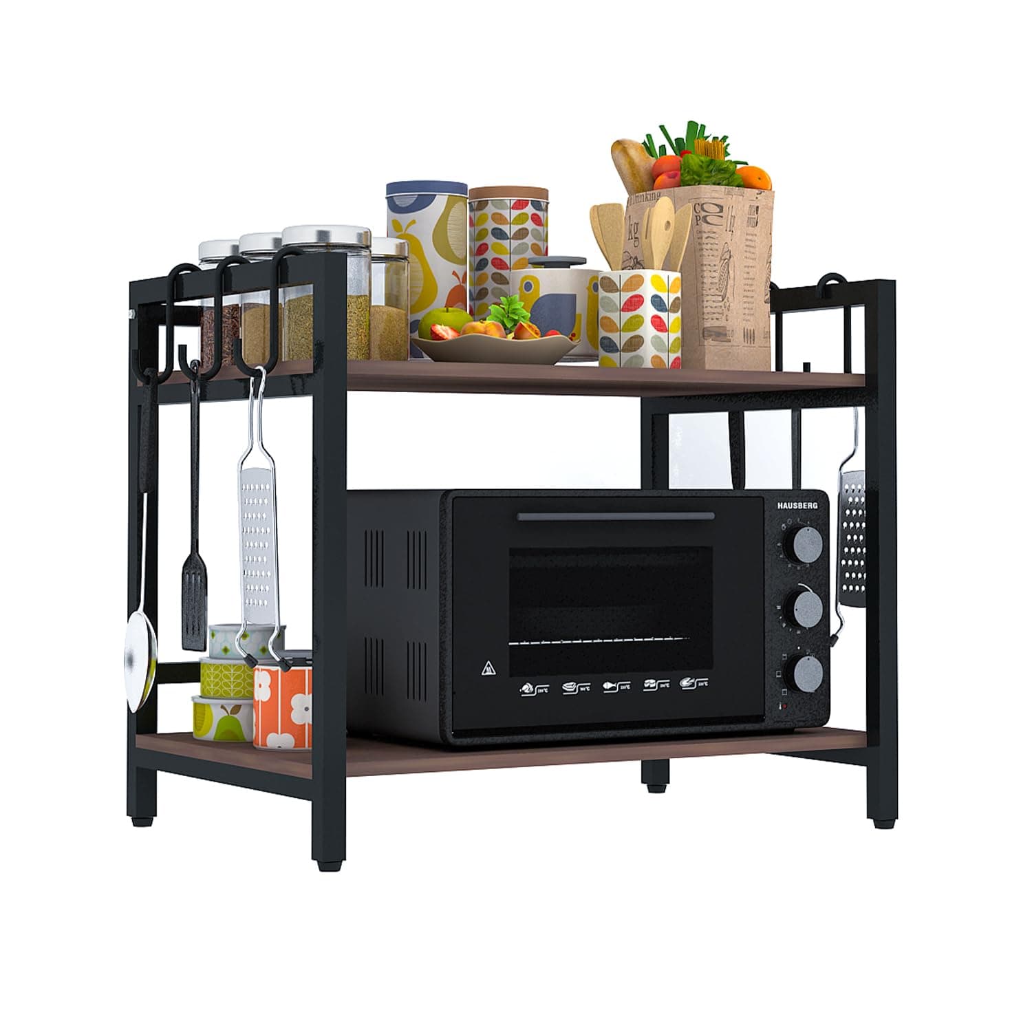 wow craft 2-Layer Multipurpose Microwave Oven Stand & OTG Rack | Floor-Mount Kitchen Storage Shelf with Black Pipe Design | Engineered Wood & Metal Construction | Brown