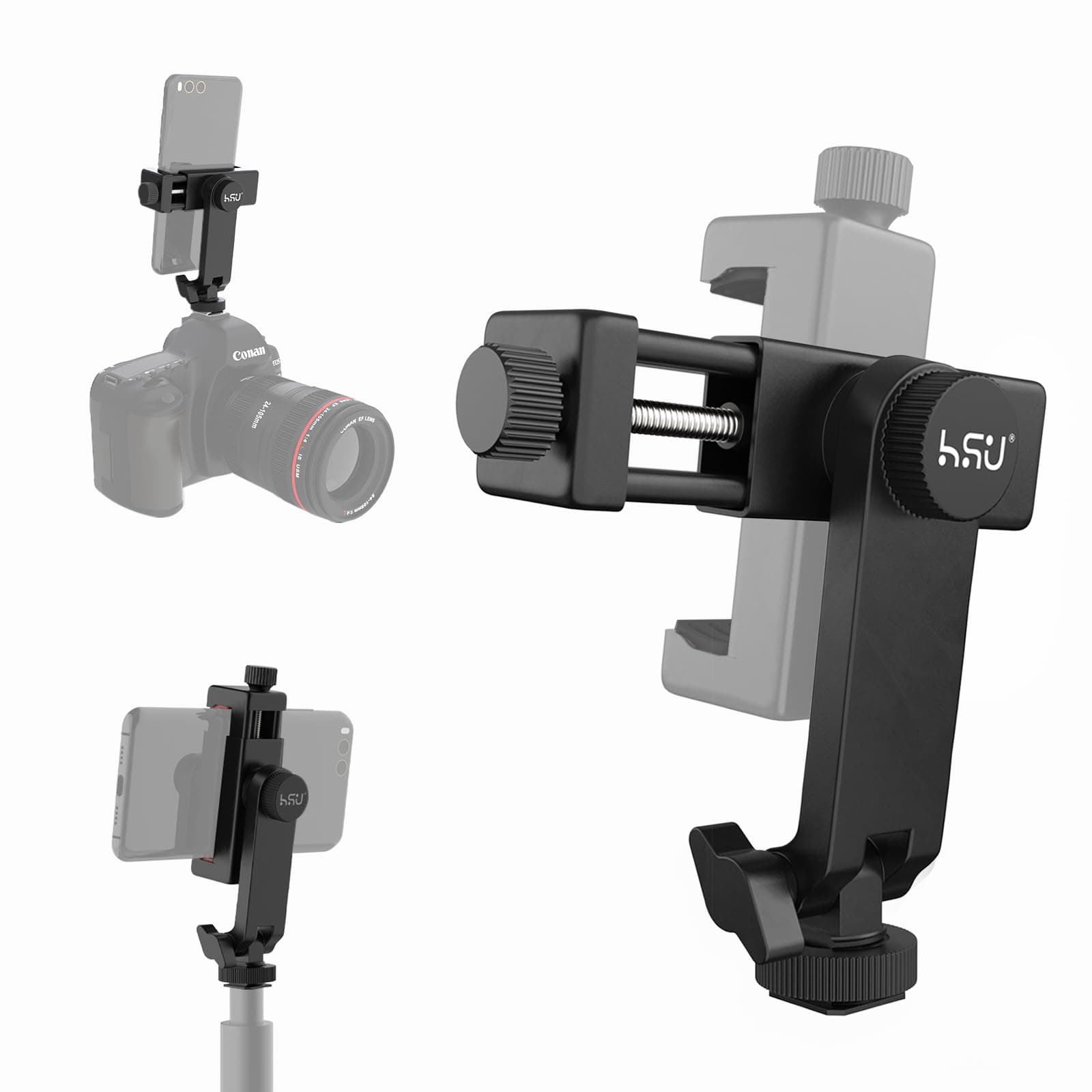 HSU Cell Phone Tripod Adapter with Cold Shoe Mount | Universal phone holder fit iPhone,Samsung Galaxy,Android,Sony,Canon and more smartphones (Black)