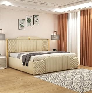 Aesthetic crafts Modern Upholstered King Size Bed with Box Storage for Bedroom | Wooden Double Bed with Storage | Platform Cot Bed with Upholstery Premium Fabric | 6.5 x 6 Ft, Sheesham Wood, Cream
