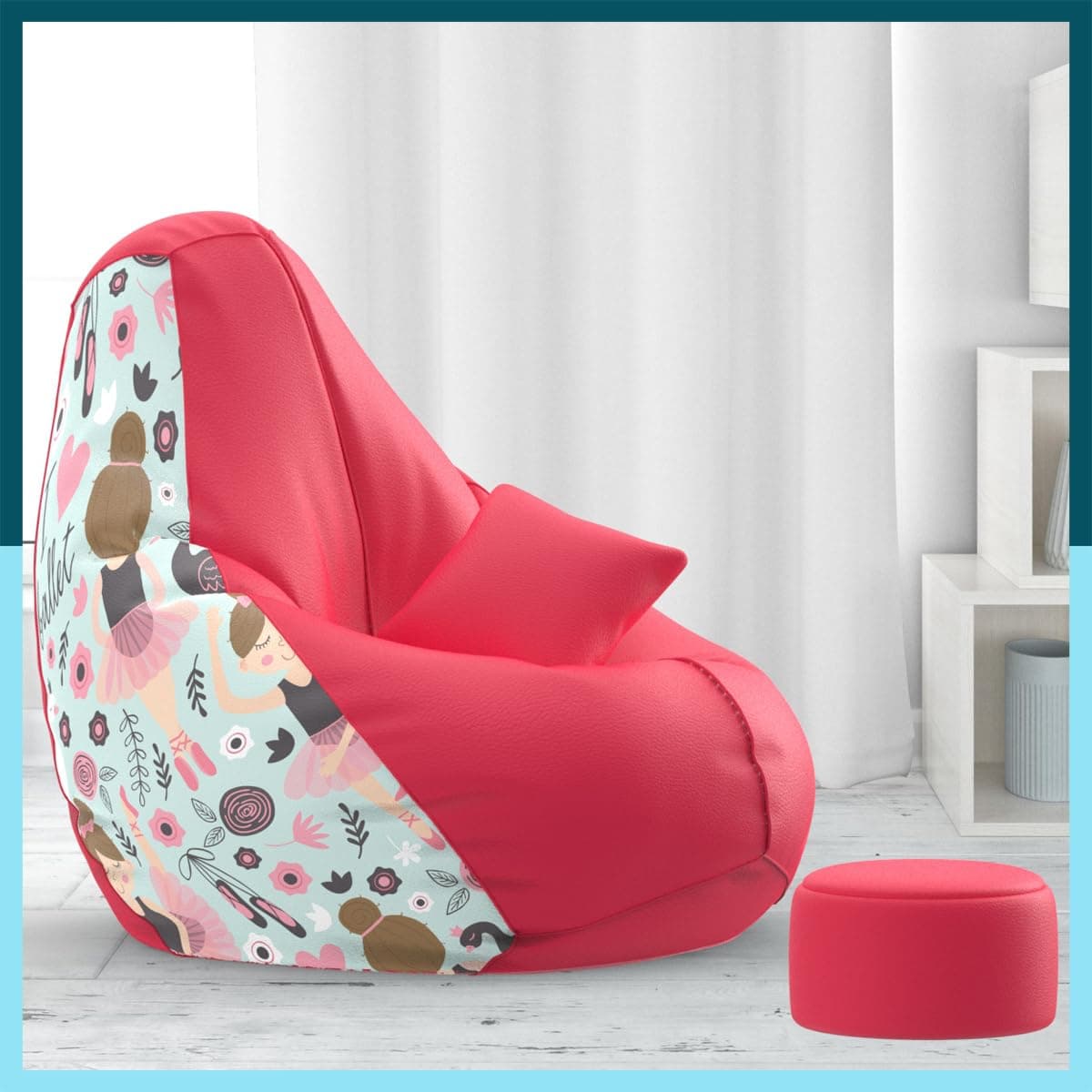 Biggie Bean Bag with Beans Filled 6XL Bean Bag with Free Cushion/Footrest - Official : CozyPalette Combo (Matching Color : Printed, I Love Ballet - H - Pink - Sea Blue)