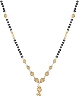 ZENEME Gold-Plated Black & White Artificial Stones Studded & Beads Beaded Locket Mangalsutra For Women